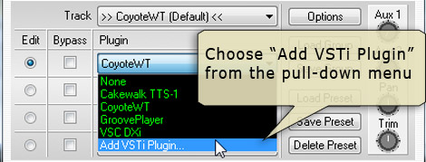 Select 'Add VSTi plugin' from the pull-down menu